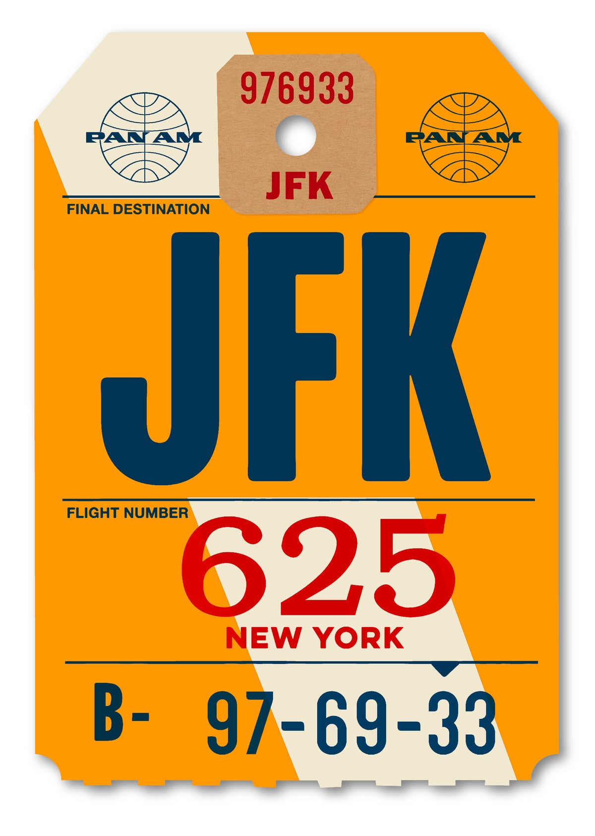 Limited-edition archival print of a Pan Am “JFK New York” luggage tag by Ella Freire, inspired by the original 1960s design, only one supersized XL size available, float-mounted to enhance its three-dimensional effect; officially licensed by Pan Am with signed certificate included.