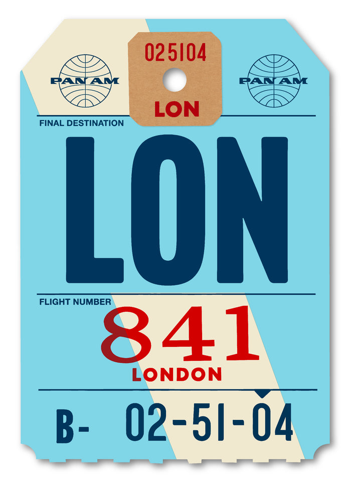 Limited-edition archival print of a Pan Am “London” luggage tag by Ella Freire, inspired by the original 1960s design, only one supersized XL size available, float-mounted to enhance its three-dimensional effect; officially licensed by Pan Am with signed certificate included.