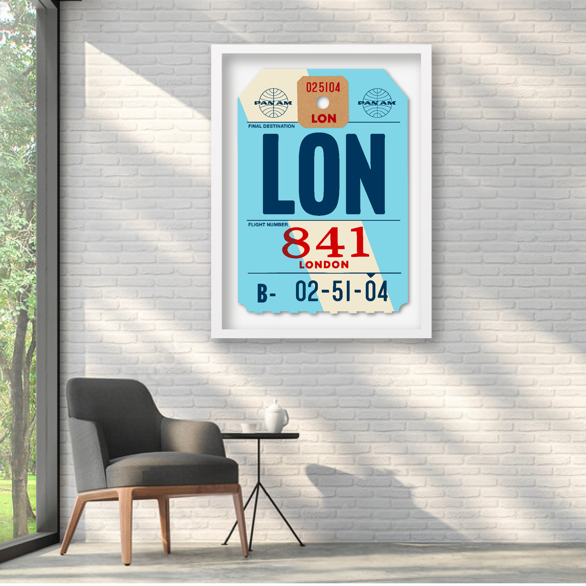 Limited-edition archival print of a Pan Am “London” luggage tag by Ella Freire, inspired by the original 1960s design, only one supersized XL size available, float-mounted to enhance its three-dimensional effect; officially licensed by Pan Am with signed certificate included.