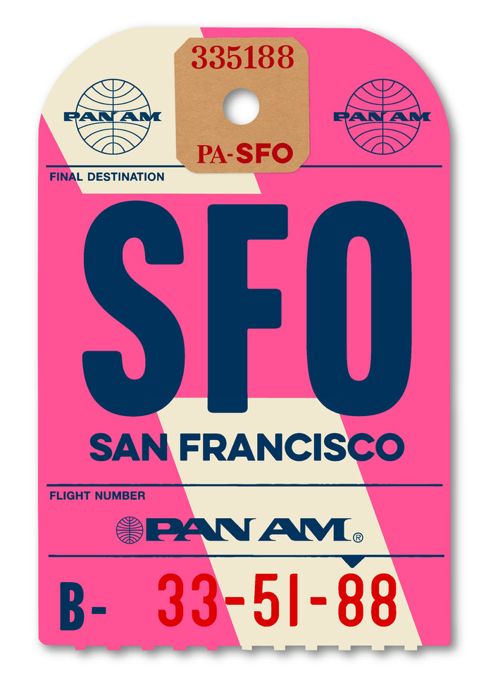 Limited-edition archival print of a Pan Am “San Francisco” luggage tag by Ella Freire, inspired by the original 1960s design, only one supersized XL size available, float-mounted to enhance its three-dimensional effect; officially licensed by Pan Am with signed certificate included.