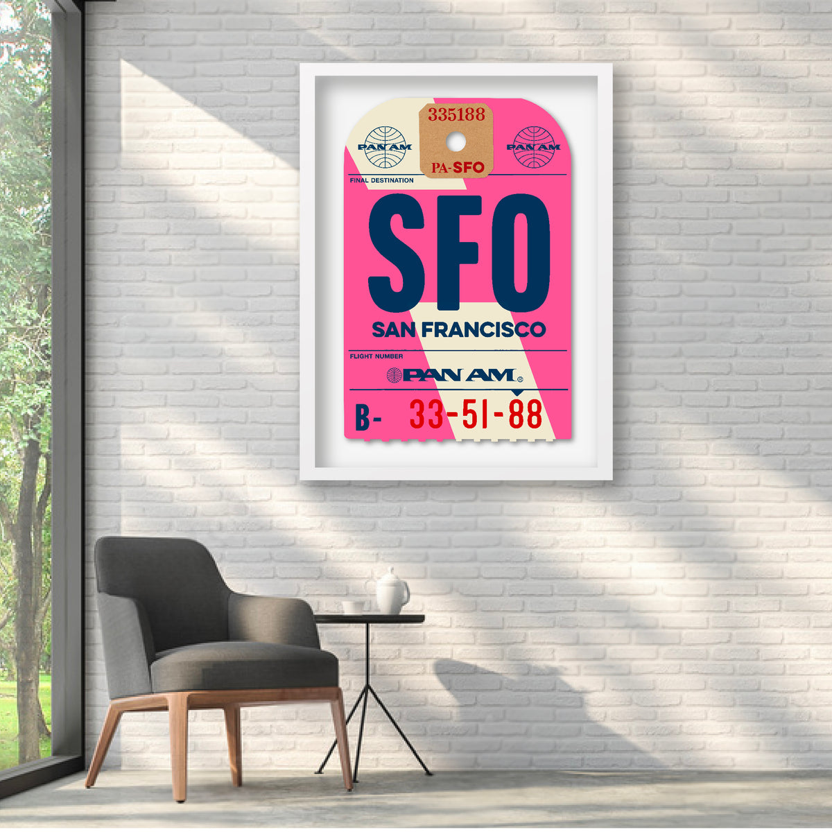 Limited-edition archival print of a Pan Am “San Francisco” luggage tag by Ella Freire, inspired by the original 1960s design, only one supersized XL size available, float-mounted to enhance its three-dimensional effect; officially licensed by Pan Am with signed certificate included.