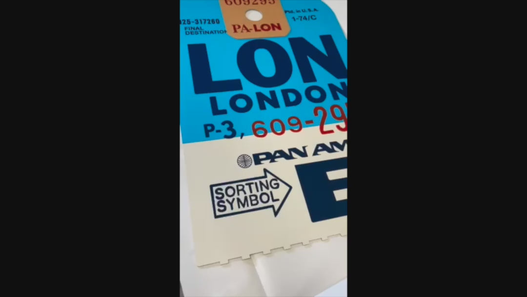 Limited-edition archival print of a Pan Am “London” luggage tag by Ella Freire, inspired by the original 1960s design, supersized in two framed sizes, float-mounted to enhance its three-dimensional effect; officially licensed by Pan Am with signed certificate included.