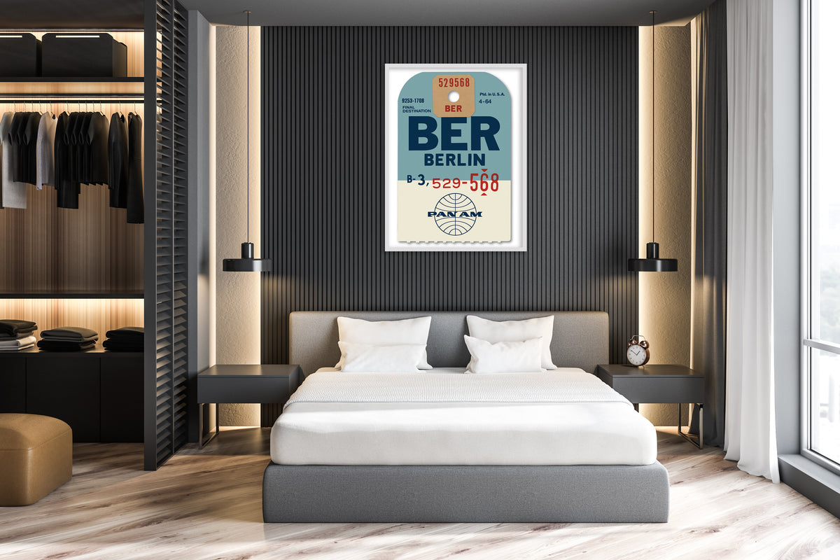 Limited-edition archival print of a Pan Am “Berlin” luggage tag by Ella Freire, inspired by the original 1960s design, supersized in two framed sizes, float-mounted to enhance its three-dimensional effect; officially licensed by Pan Am with signed certificate included.