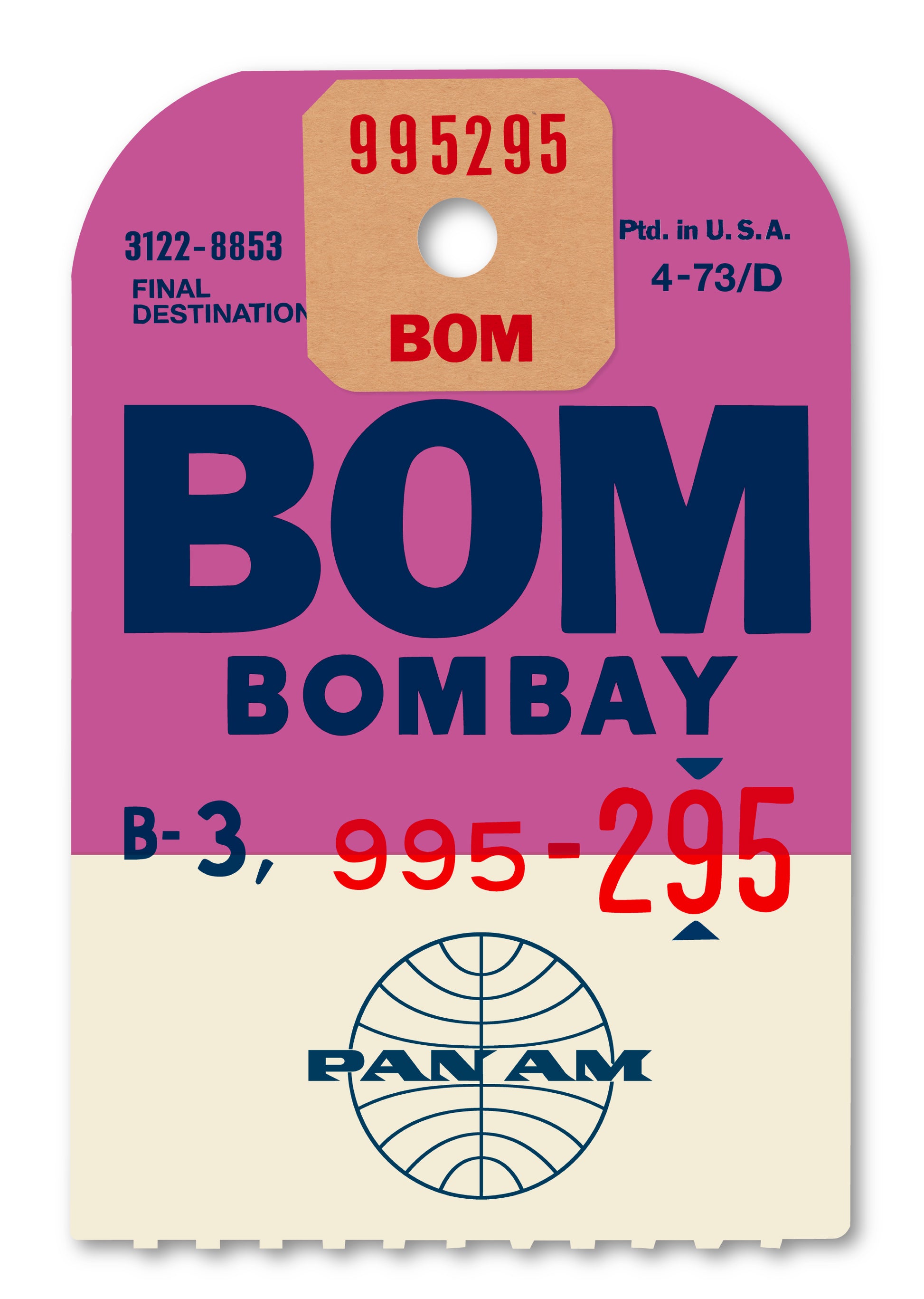 Limited-edition archival print of a Pan Am “Bombay” luggage tag by Ella Freire, inspired by the original 1960s design, supersized in two framed sizes, float-mounted to enhance its three-dimensional effect; officially licensed by Pan Am with signed certificate included.