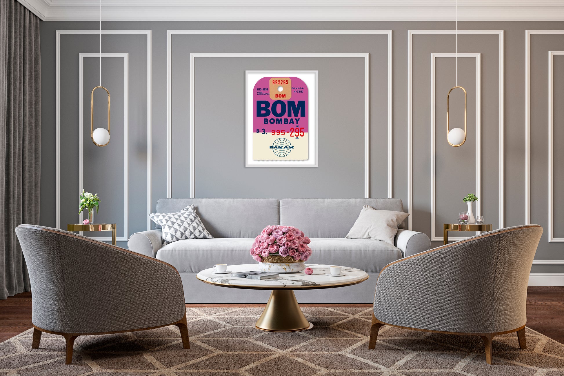 Limited-edition archival print of a Pan Am “Bombay” luggage tag by Ella Freire, inspired by the original 1960s design, supersized in two framed sizes, float-mounted to enhance its three-dimensional effect; officially licensed by Pan Am with signed certificate included.