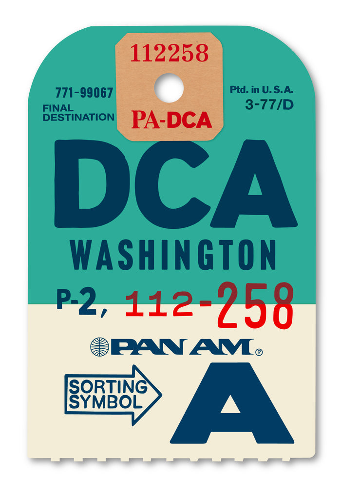Limited-edition archival print of a Pan Am “Washington” luggage tag by Ella Freire, inspired by the original 1960s design, supersized in two framed sizes, float-mounted to enhance its three-dimensional effect; officially licensed by Pan Am with signed certificate included.