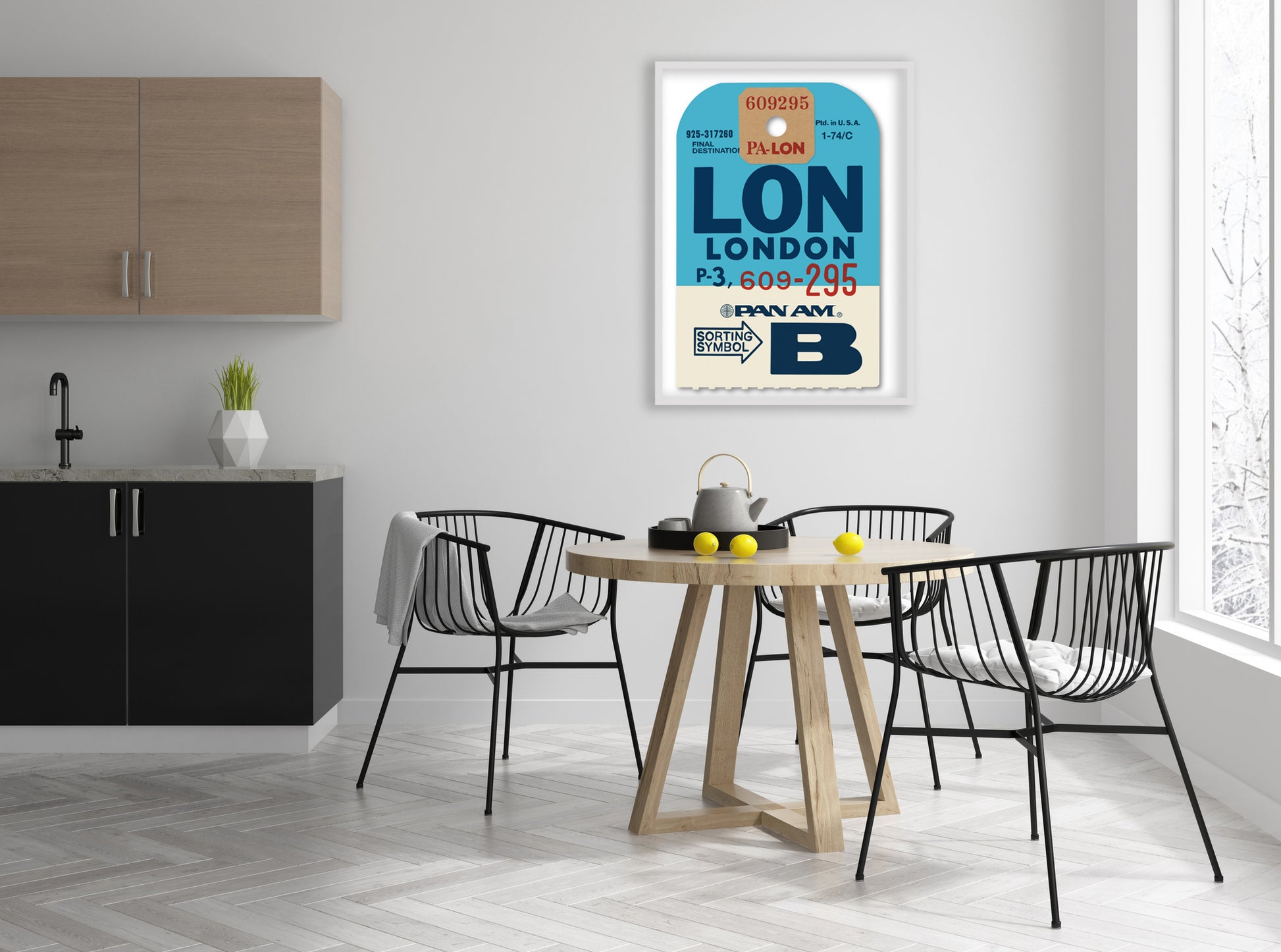 Limited-edition archival print of a Pan Am “London” luggage tag by Ella Freire, inspired by the original 1960s design, supersized in two framed sizes, float-mounted to enhance its three-dimensional effect; officially licensed by Pan Am with signed certificate included.