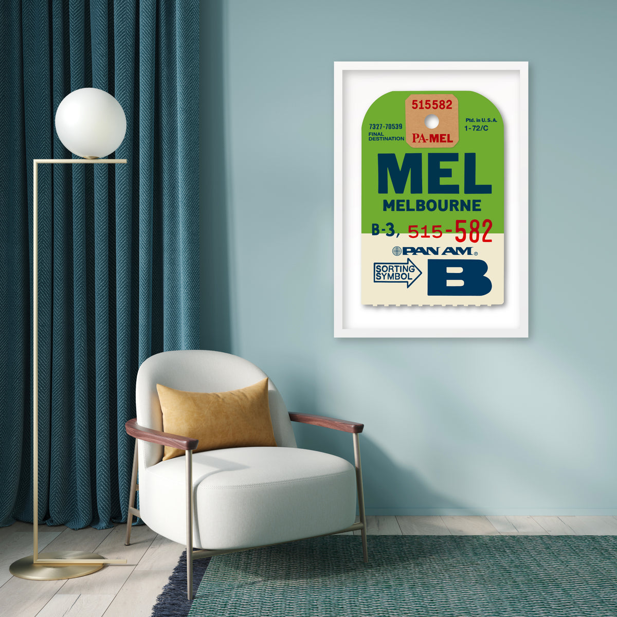 Limited-edition archival print of a Pan Am “Melbourne” luggage tag by Ella Freire, inspired by the original 1960s design, supersized in two framed sizes, float-mounted to enhance its three-dimensional effect; officially licensed by Pan Am with signed certificate included.