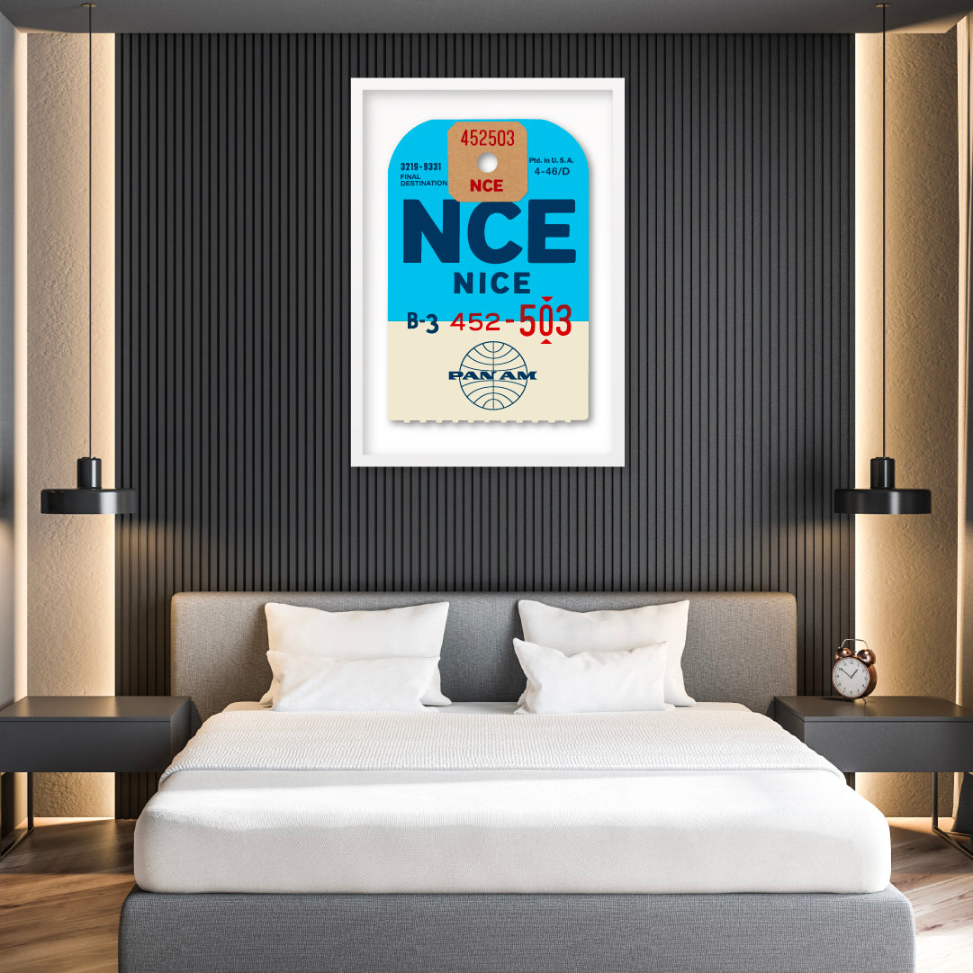 Limited-edition archival print of a Pan Am “Nice” luggage tag by Ella Freire, inspired by the original 1960s design, supersized in two framed sizes, float-mounted to enhance its three-dimensional effect; officially licensed by Pan Am with signed certificate included.