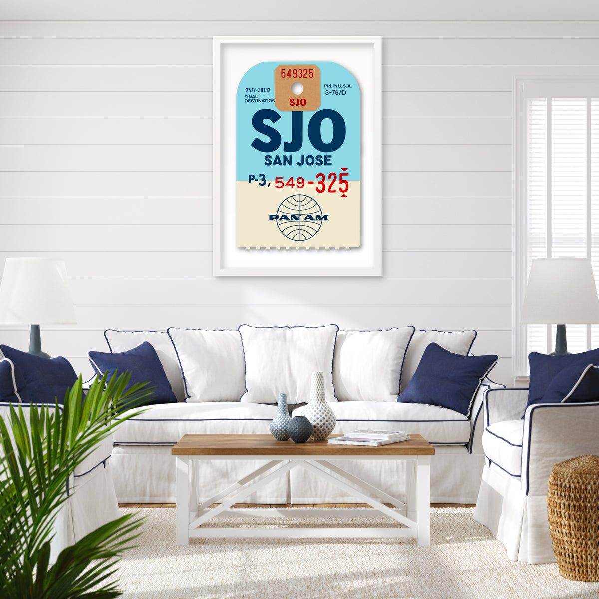 Limited-edition archival print of a Pan Am “San Jose” luggage tag by Ella Freire, inspired by the original 1960s design, supersized in two framed sizes, float-mounted to enhance its three-dimensional effect; officially licensed by Pan Am with signed certificate included.