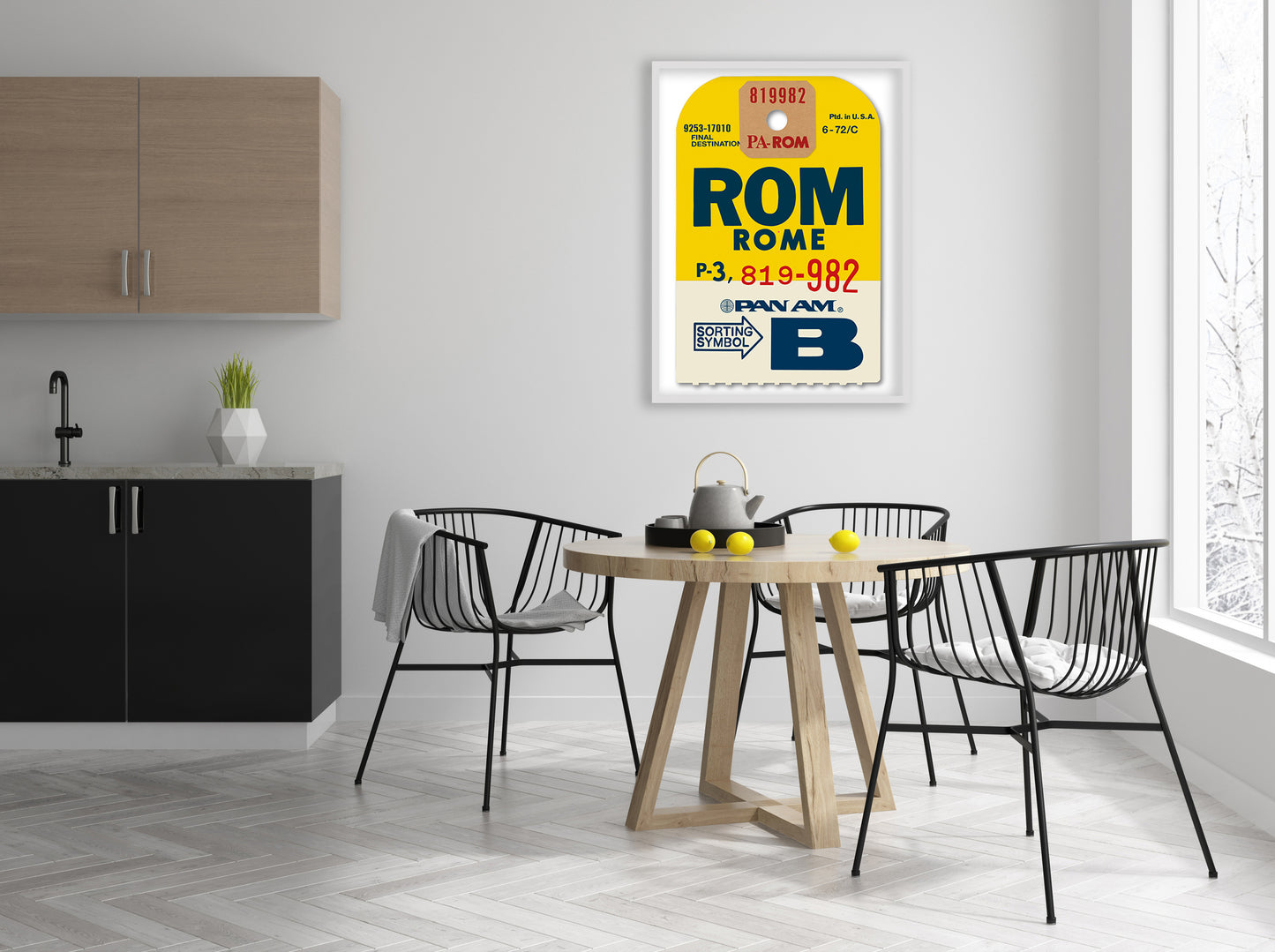Limited-edition archival print of a Pan Am “Rome” luggage tag by Ella Freire, inspired by the original 1960s design, supersized in two framed sizes, float-mounted to enhance its three-dimensional effect; officially licensed by Pan Am with signed certificate included.