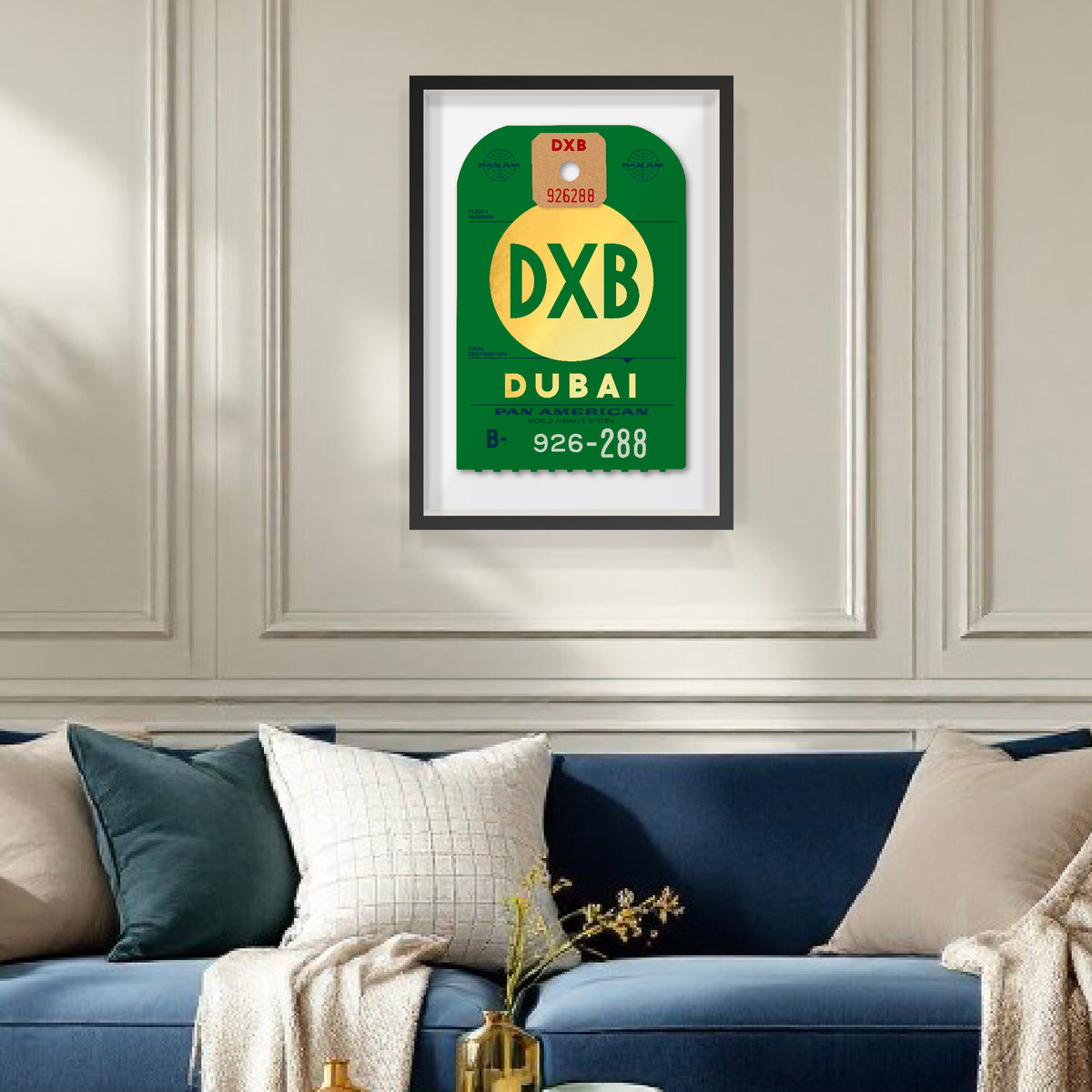One-off (unique print) archival print of Pan Am “Dubai” luggage tag by Ella Freire, inspired by the 1960s design, supersized to 55 × 83 cm, printed on shiny gold paper, float-mounted and framed to enhance the 3D effect; officially Pan Am licensed with signed certificate.