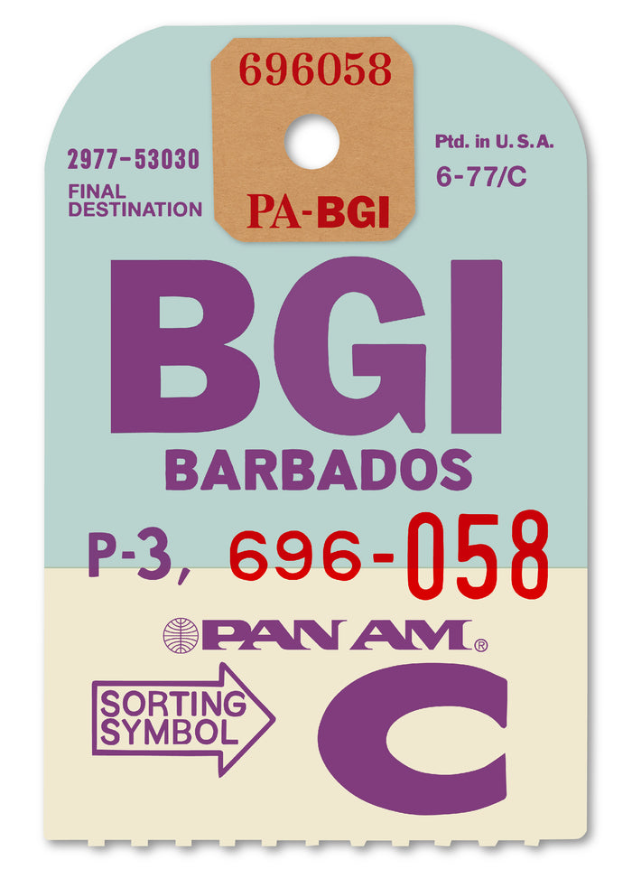 Limited-edition archival print of a Pan Am “BARBADOS” luggage tag by Ella Freire, inspired by the original 1960s design, supersized in two framed sizes, float-mounted to enhance its three-dimensional effect; officially licensed by Pan Am with signed certificate included.