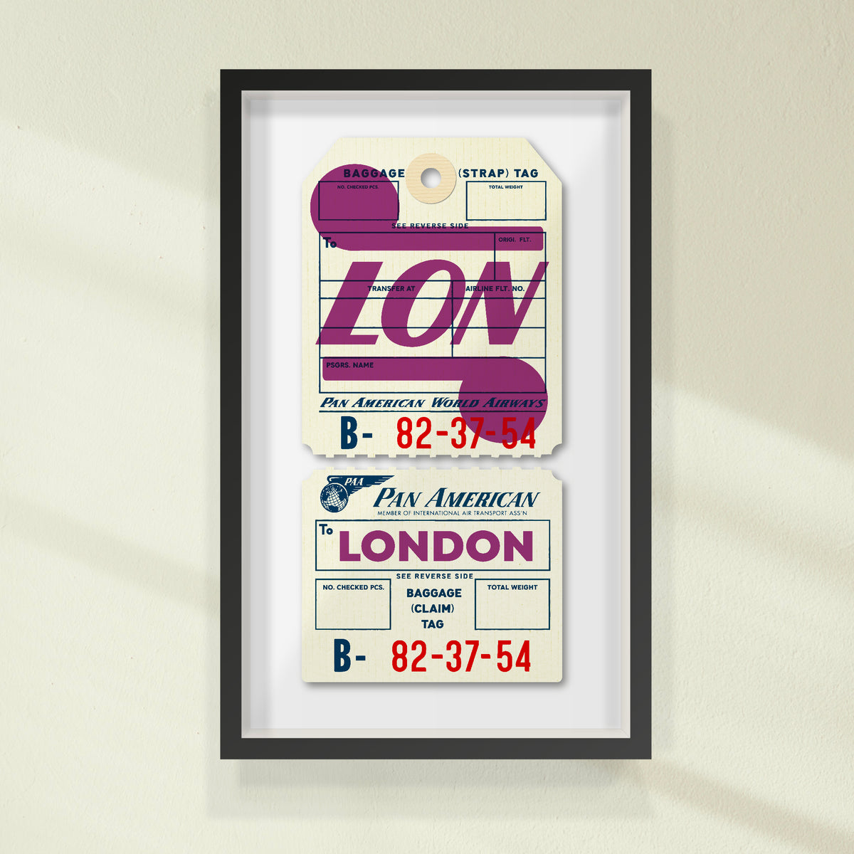 Limited-edition, 2-part, archival print of a Pan Am “London” luggage tag by Ella Freire, inspired by the original 1960s design, supersized in one framed size only, float-mounted to enhance its three-dimensional effect; officially licensed by Pan Am with signed certificate included.