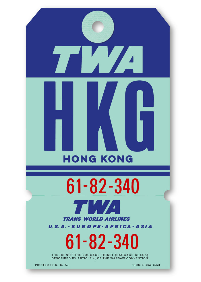 Limited-edition archival print of a TWA “Hong Kong” luggage tag by Ella Freire, inspired by the original 1960s design, supersized in one framed size only, float-mounted to enhance its three-dimensional effect; officially licensed by TWA (American Airlines) with signed certificate included.