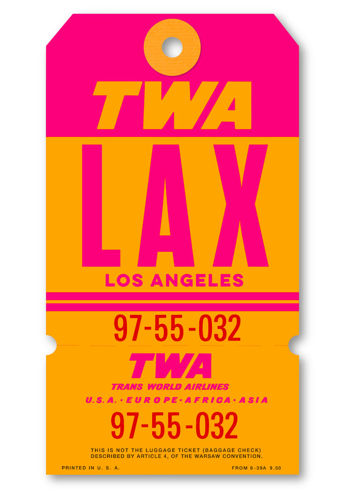Limited-edition archival print of a TWA “Los Angeles” luggage tag by Ella Freire, inspired by the original 1960s design, supersized in one framed size only, float-mounted to enhance its three-dimensional effect; officially licensed by TWA (American Airlines) with signed certificate included.