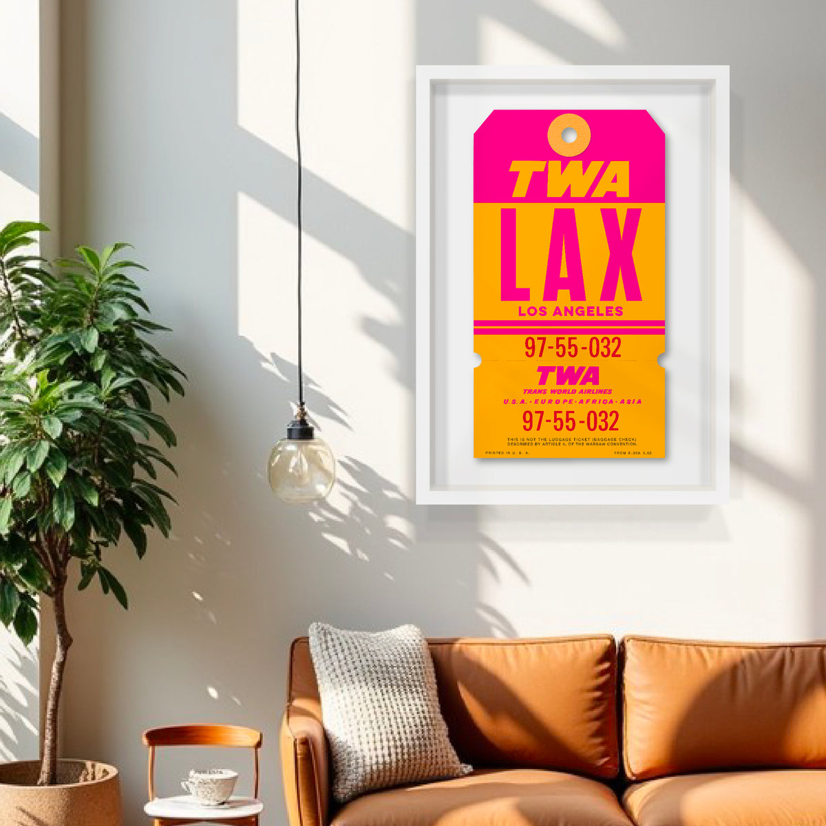 Limited-edition archival print of a TWA “Los Angeles” luggage tag by Ella Freire, inspired by the original 1960s design, supersized in one framed size only, float-mounted to enhance its three-dimensional effect; officially licensed by TWA (American Airlines) with signed certificate included.