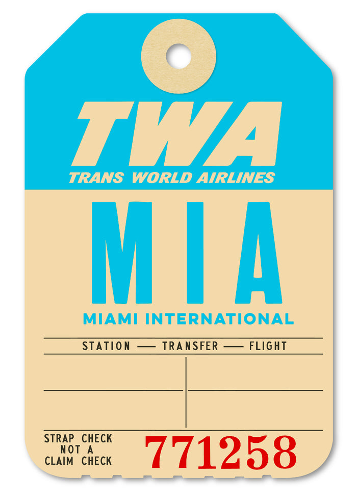 Limited-edition archival print of a TWA “Miami” luggage tag by Ella Freire, inspired by the original 1960s design, supersized in two framed sizes, float-mounted to enhance its three-dimensional effect; officially licensed by TWA (American Airlines) with signed certificate included.