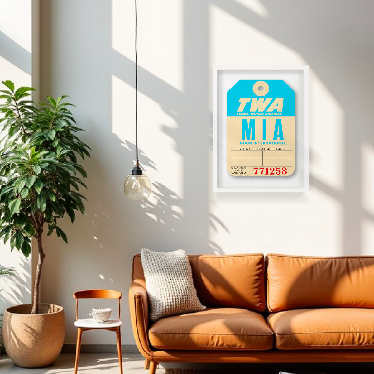 Limited-edition archival print of a TWA “Miami” luggage tag by Ella Freire, inspired by the original 1960s design, supersized in two framed sizes, float-mounted to enhance its three-dimensional effect; officially licensed by TWA (American Airlines) with signed certificate included.