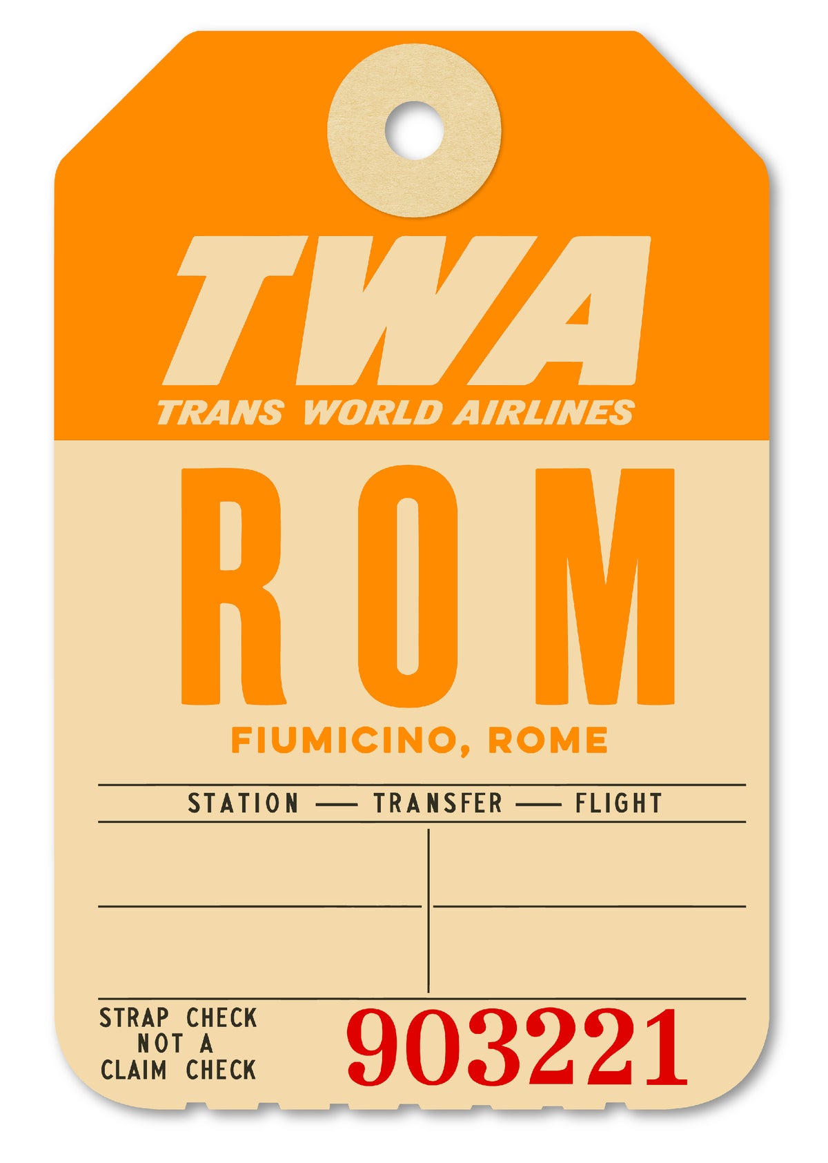 Limited-edition archival print of a TWA “Rome” luggage tag by Ella Freire, inspired by the original 1960s design, supersized in two framed sizes, float-mounted to enhance its three-dimensional effect; officially licensed by TWA (American Airlines) with signed certificate included.