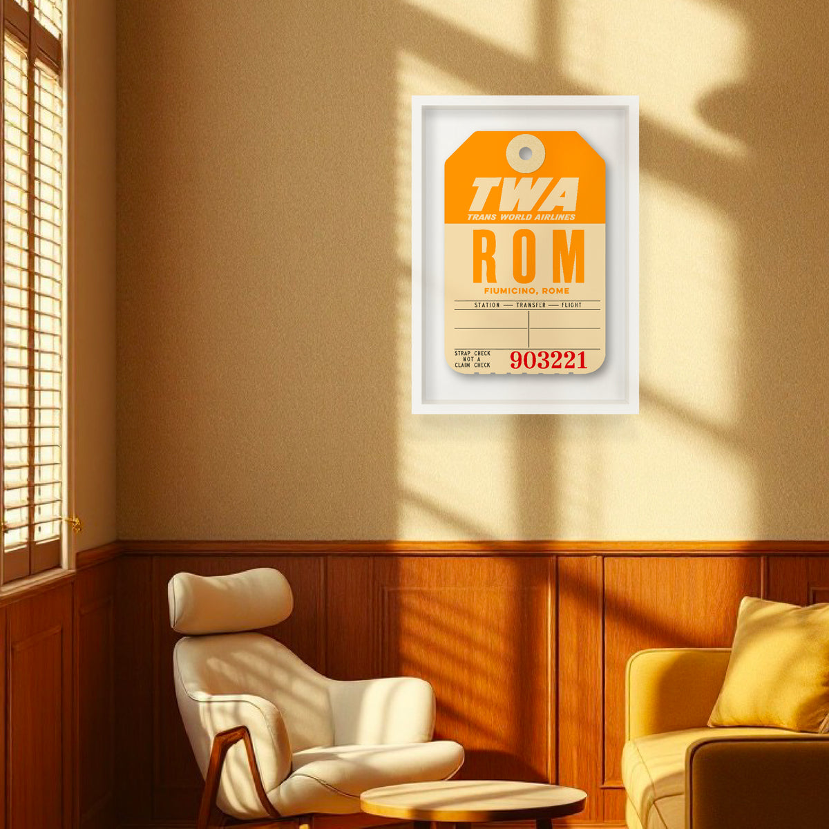 Limited-edition archival print of a TWA “Rome” luggage tag by Ella Freire, inspired by the original 1960s design, supersized in two framed sizes, float-mounted to enhance its three-dimensional effect; officially licensed by TWA (American Airlines) with signed certificate included.