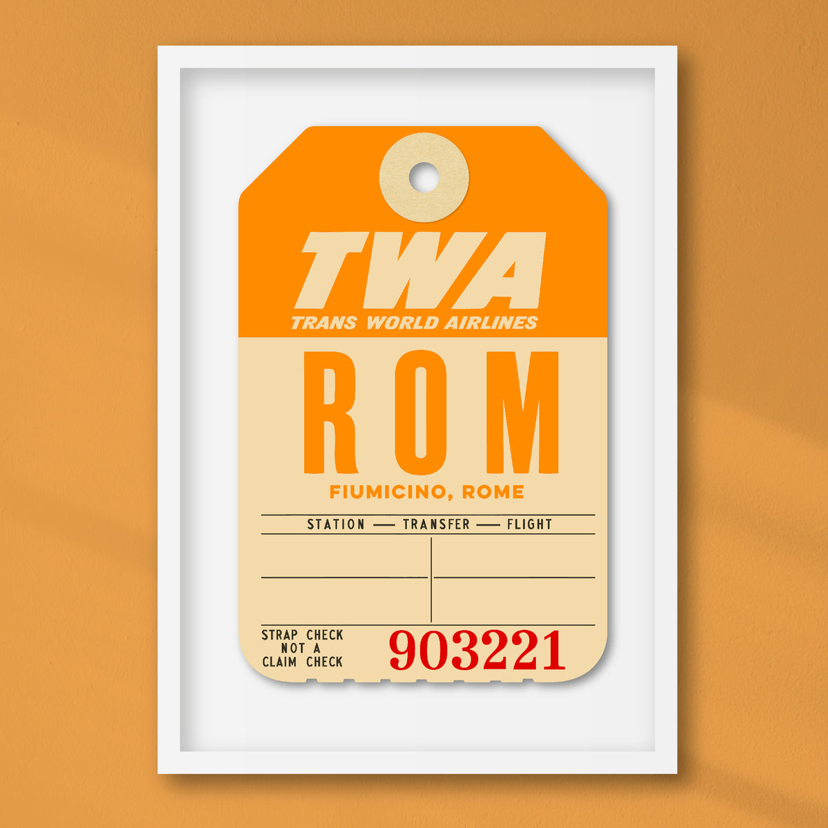 Limited-edition archival print of a TWA “Rome” luggage tag by Ella Freire, inspired by the original 1960s design, supersized in two framed sizes, float-mounted to enhance its three-dimensional effect; officially licensed by TWA (American Airlines) with signed certificate included.
