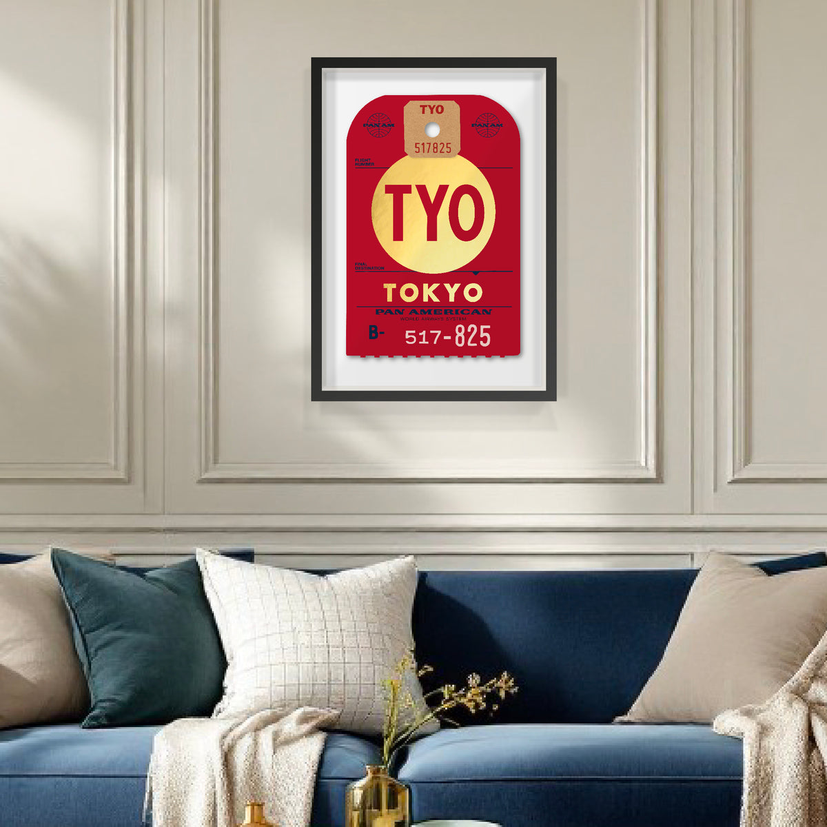 One-off (unique print) archival print of Pan Am “Tokyo” luggage tag by Ella Freire, inspired by the 1960s design, supersized to 55 × 83 cm, printed on shiny gold paper, float-mounted and framed to enhance the 3D effect; officially Pan Am licensed with signed certificate.