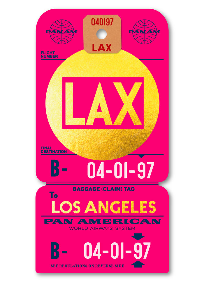 Limited Edition archival print of Pan Am “Los Angeles” luggage tag by Ella Freire, inspired by the 1960s art deco design, printed on shiny gold paper, float-mounted and framed to enhance the 3D effect; officially Pan Am licensed with signed certificate.