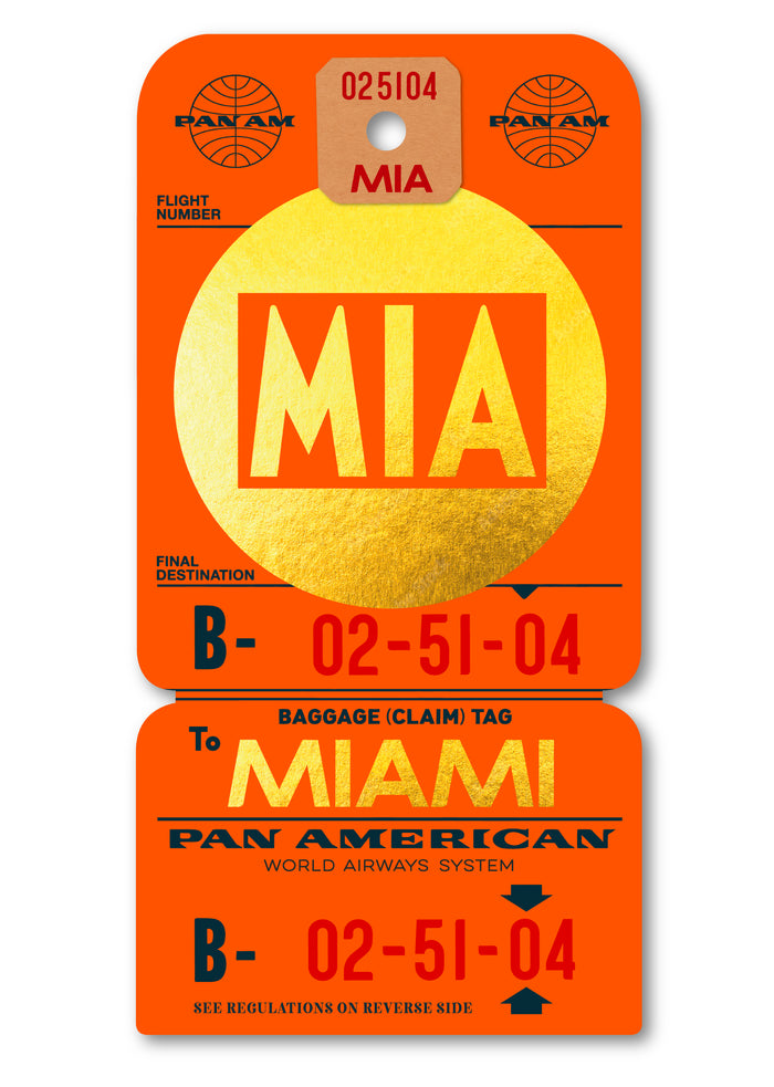 Limited Edition archival print of Pan Am “Miami” luggage tag by Ella Freire, inspired by the 1960s art deco design, printed on shiny gold paper, float-mounted and framed to enhance the 3D effect; officially Pan Am licensed with signed certificate.