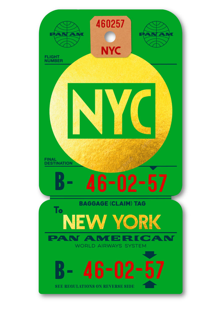 Limited Edition archival print of Pan Am “New York NYC” luggage tag by Ella Freire, inspired by the 1960s art deco design, printed on shiny gold paper, float-mounted and framed to enhance the 3D effect; officially Pan Am licensed with signed certificate.