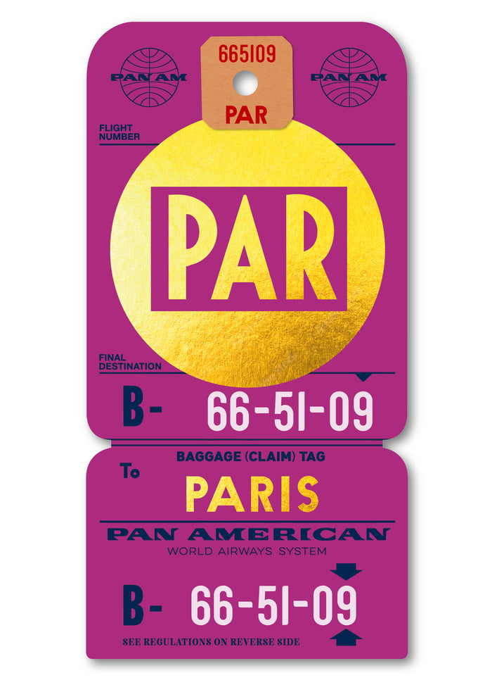 Limited Edition archival print of Pan Am “Paris” luggage tag by Ella Freire, inspired by the 1960s art deco design, printed on shiny gold paper, float-mounted and framed to enhance the 3D effect; officially Pan Am licensed with signed certificate.