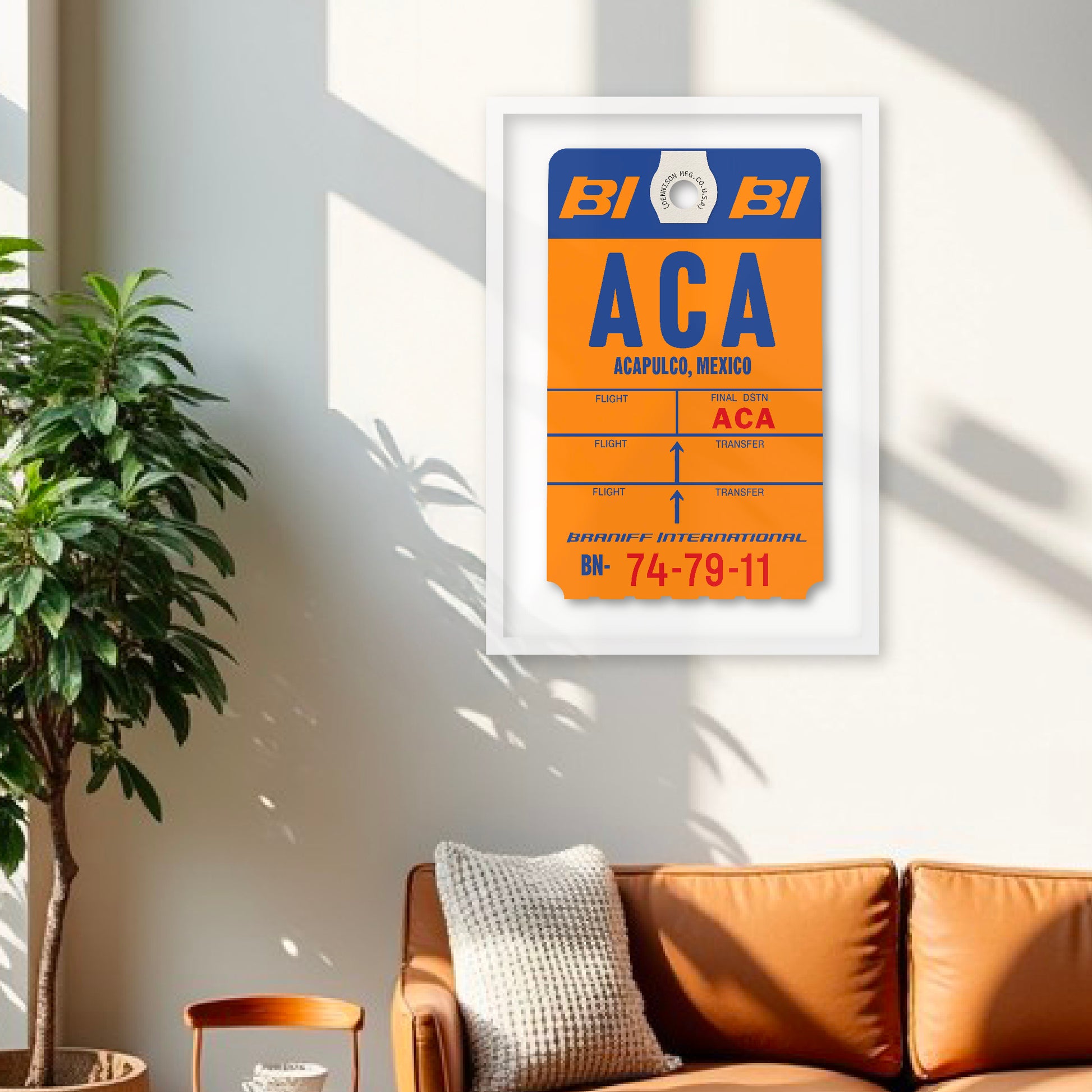 Limited-edition archival print of a Braniff International “Acapulco” luggage tag by Ella Freire, inspired by the original 1970s design, supersized in two framed sizes, float-mounted to enhance its three-dimensional effect; officially licensed by Braniff Airways with signed certificate included.