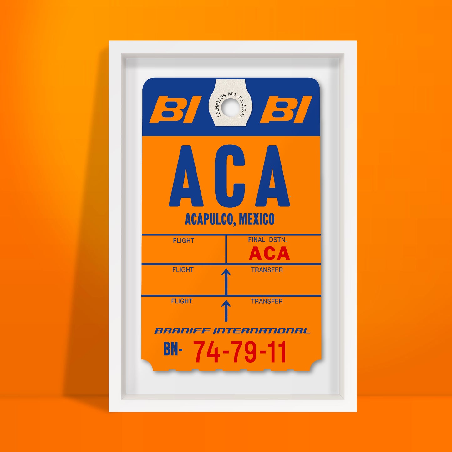 Limited-edition archival print of a Braniff International “Acapulco” luggage tag by Ella Freire, inspired by the original 1970s design, supersized in two framed sizes, float-mounted to enhance its three-dimensional effect; officially licensed by Braniff Airways with signed certificate included.