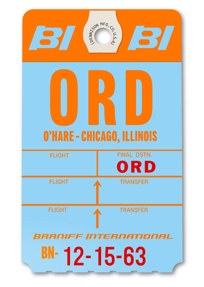 Limited-edition archival print of a Braniff International “O'Hare Chicago” luggage tag by Ella Freire, inspired by the original 1970s design, supersized in two framed sizes, float-mounted to enhance its three-dimensional effect; officially licensed by Braniff Airways with signed certificate included.