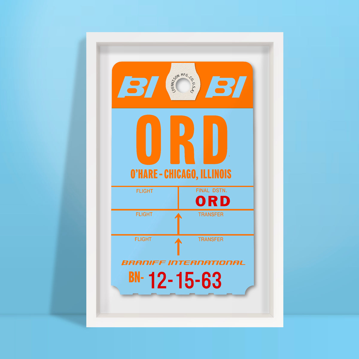 Limited-edition archival print of a Braniff International “O'Hare Chicago” luggage tag by Ella Freire, inspired by the original 1970s design, supersized in two framed sizes, float-mounted to enhance its three-dimensional effect; officially licensed by Braniff Airways with signed certificate included.
