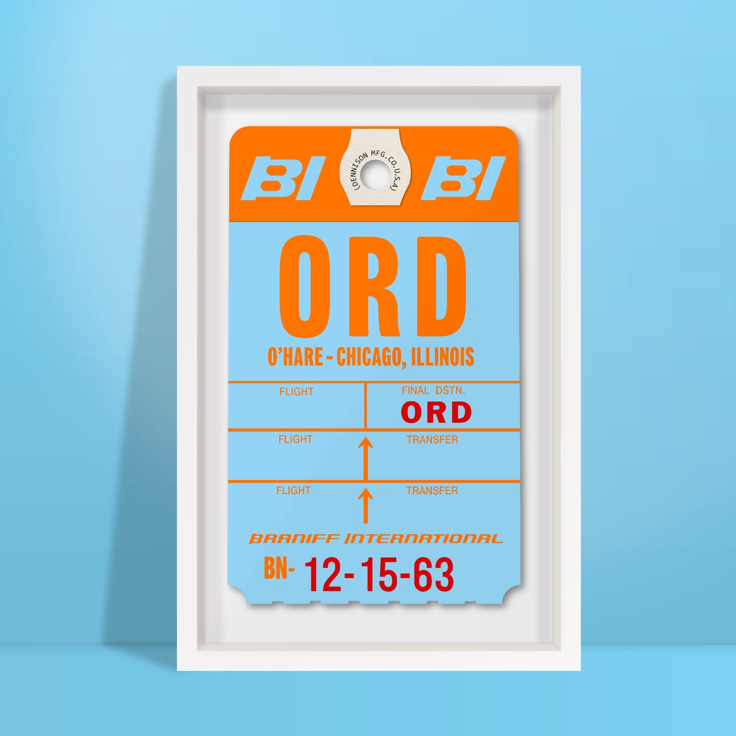 Limited-edition archival print of a Braniff International “O'Hare Chicago” luggage tag by Ella Freire, inspired by the original 1970s design, supersized in two framed sizes, float-mounted to enhance its three-dimensional effect; officially licensed by Braniff Airways with signed certificate included.