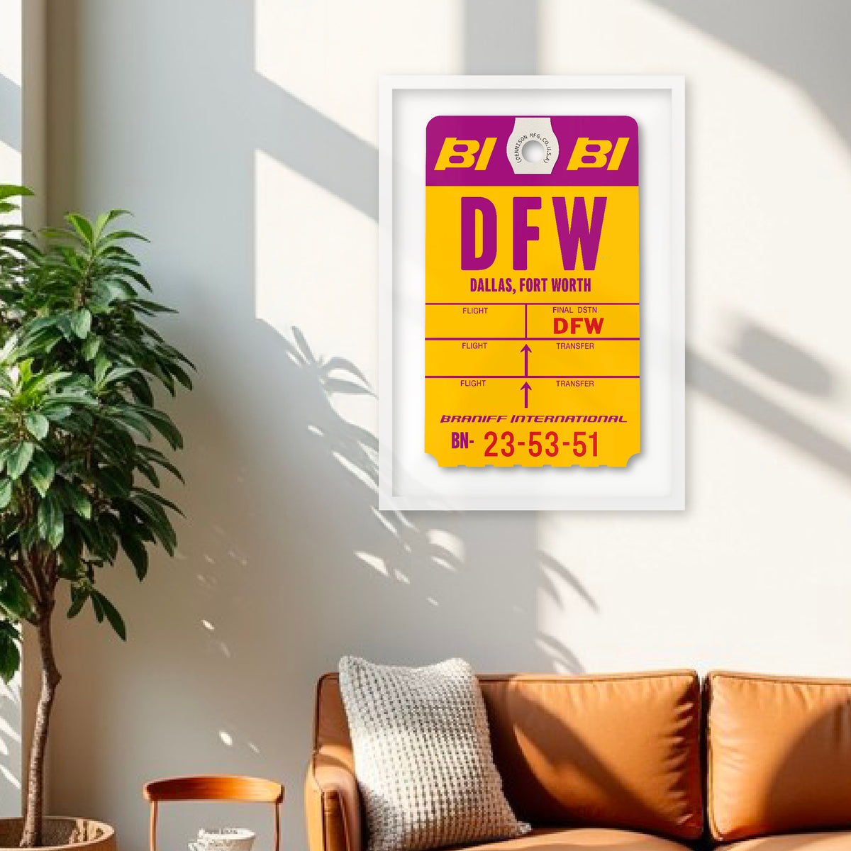 Limited-edition archival print of a Braniff International “Dallas” luggage tag by Ella Freire, inspired by the original 1970s design, supersized in two framed sizes, float-mounted to enhance its three-dimensional effect; officially licensed by Braniff Airways with signed certificate included.