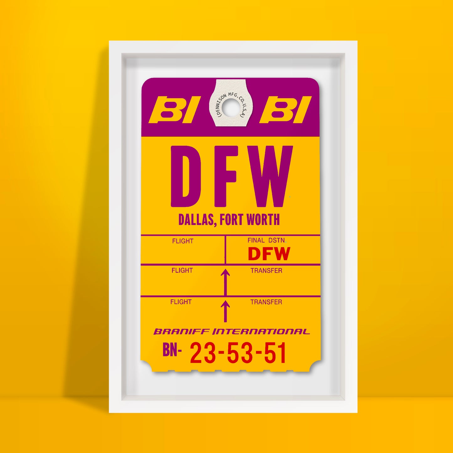 Limited-edition archival print of a Braniff International “Dallas” luggage tag by Ella Freire, inspired by the original 1970s design, supersized in two framed sizes, float-mounted to enhance its three-dimensional effect; officially licensed by Braniff Airways with signed certificate included.