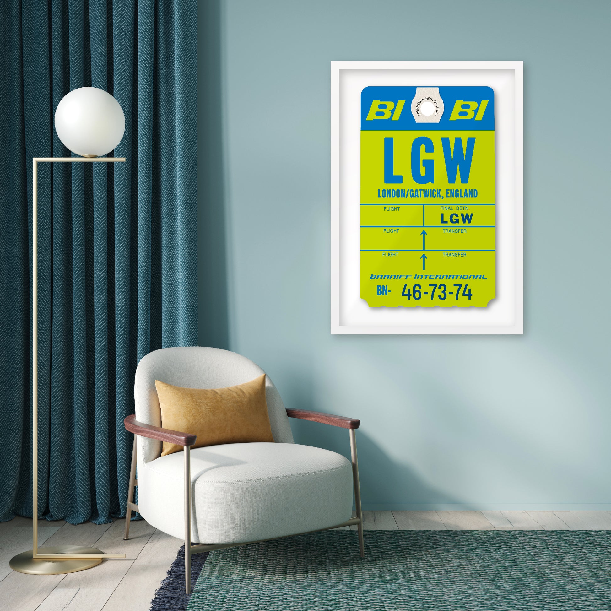 Limited-edition archival print of a Braniff International “London Gatwick” luggage tag by Ella Freire, inspired by the original 1970s design, supersized in two framed sizes, float-mounted to enhance its three-dimensional effect; officially licensed by Braniff Airways with signed certificate included.