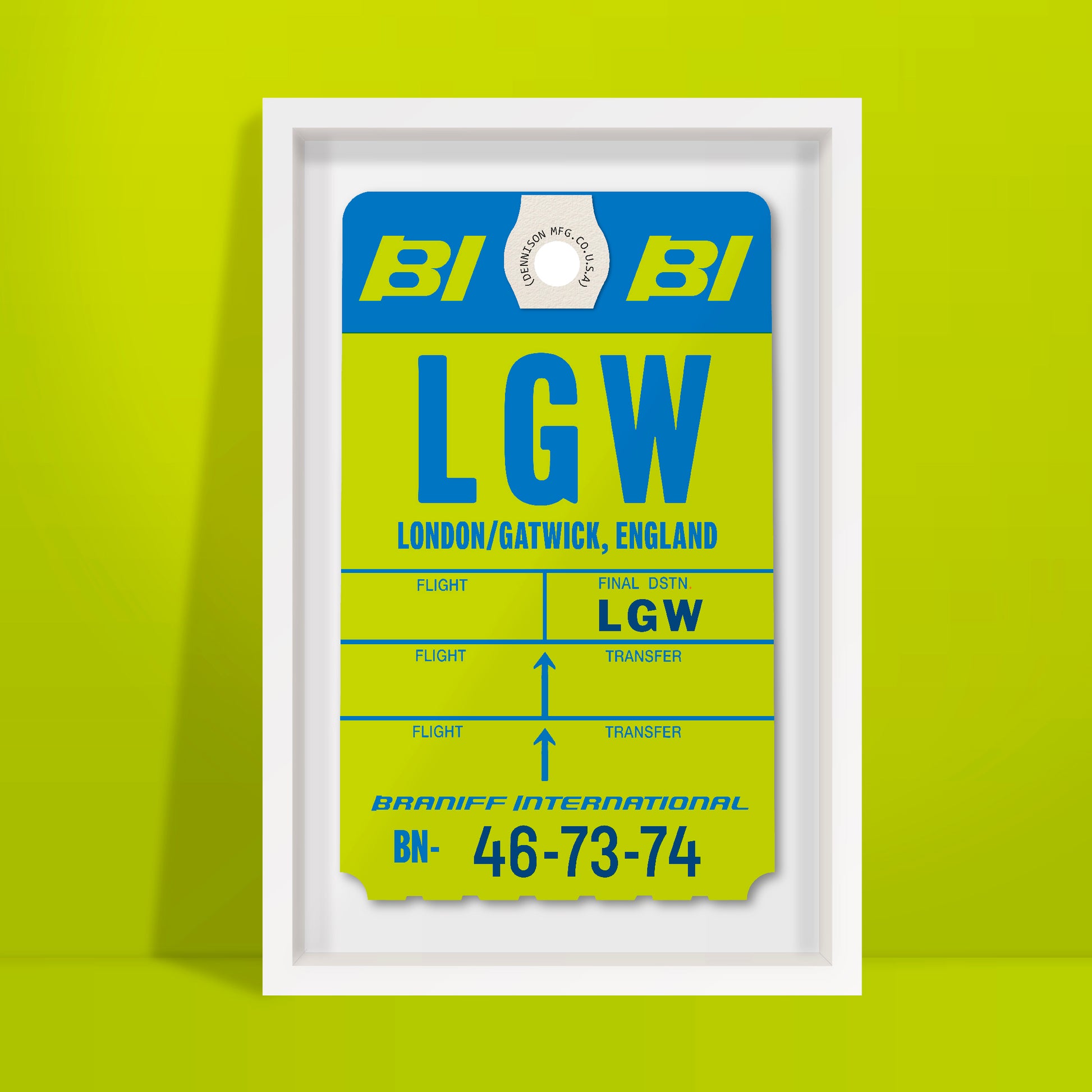 Limited-edition archival print of a Braniff International “London Gatwick” luggage tag by Ella Freire, inspired by the original 1970s design, supersized in two framed sizes, float-mounted to enhance its three-dimensional effect; officially licensed by Braniff Airways with signed certificate included.