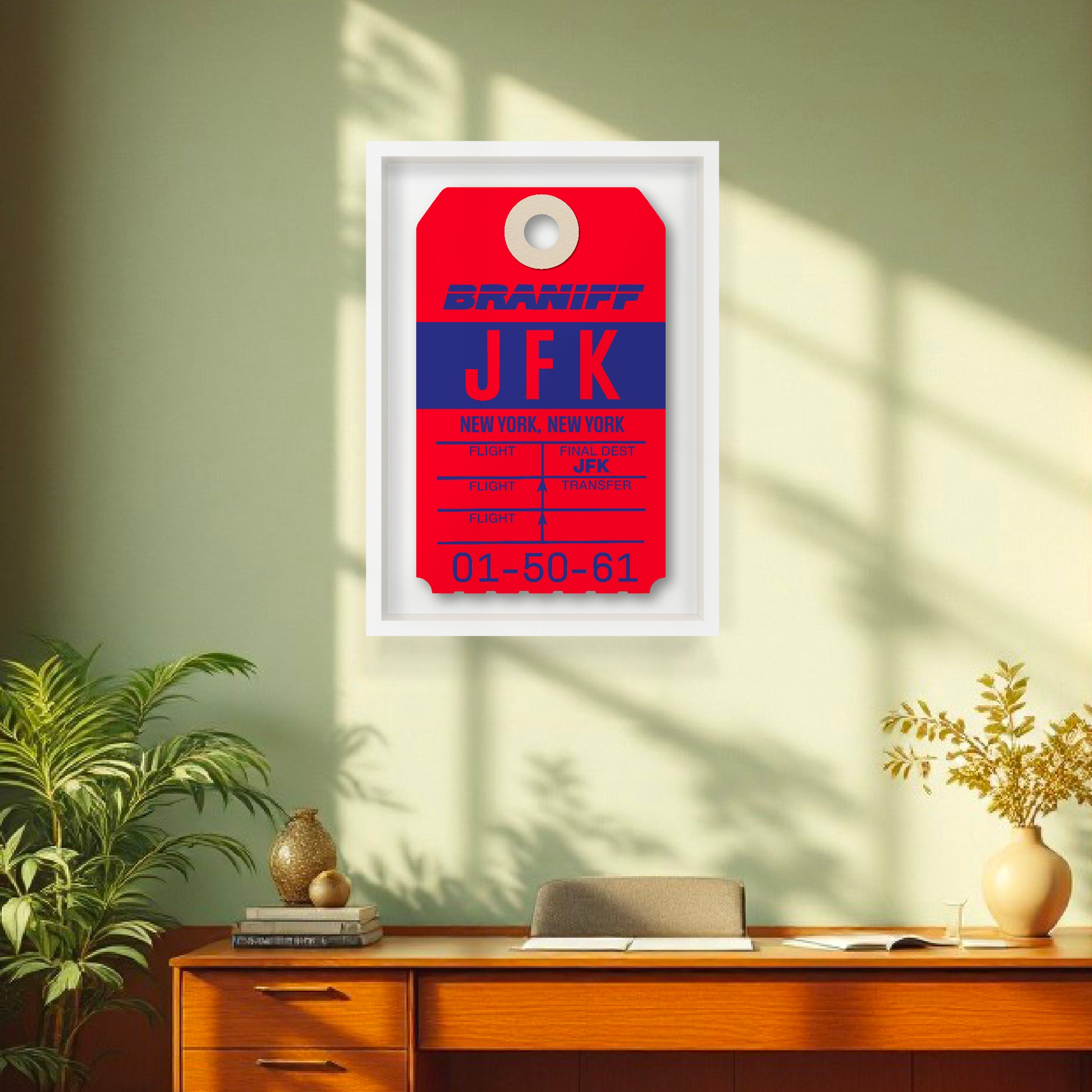 Limited-edition archival print of a Braniff International “JFK New York” luggage tag by Ella Freire, inspired by the original 1970s design, supersized in two framed sizes, float-mounted to enhance its three-dimensional effect; officially licensed by Braniff Airways with signed certificate included.