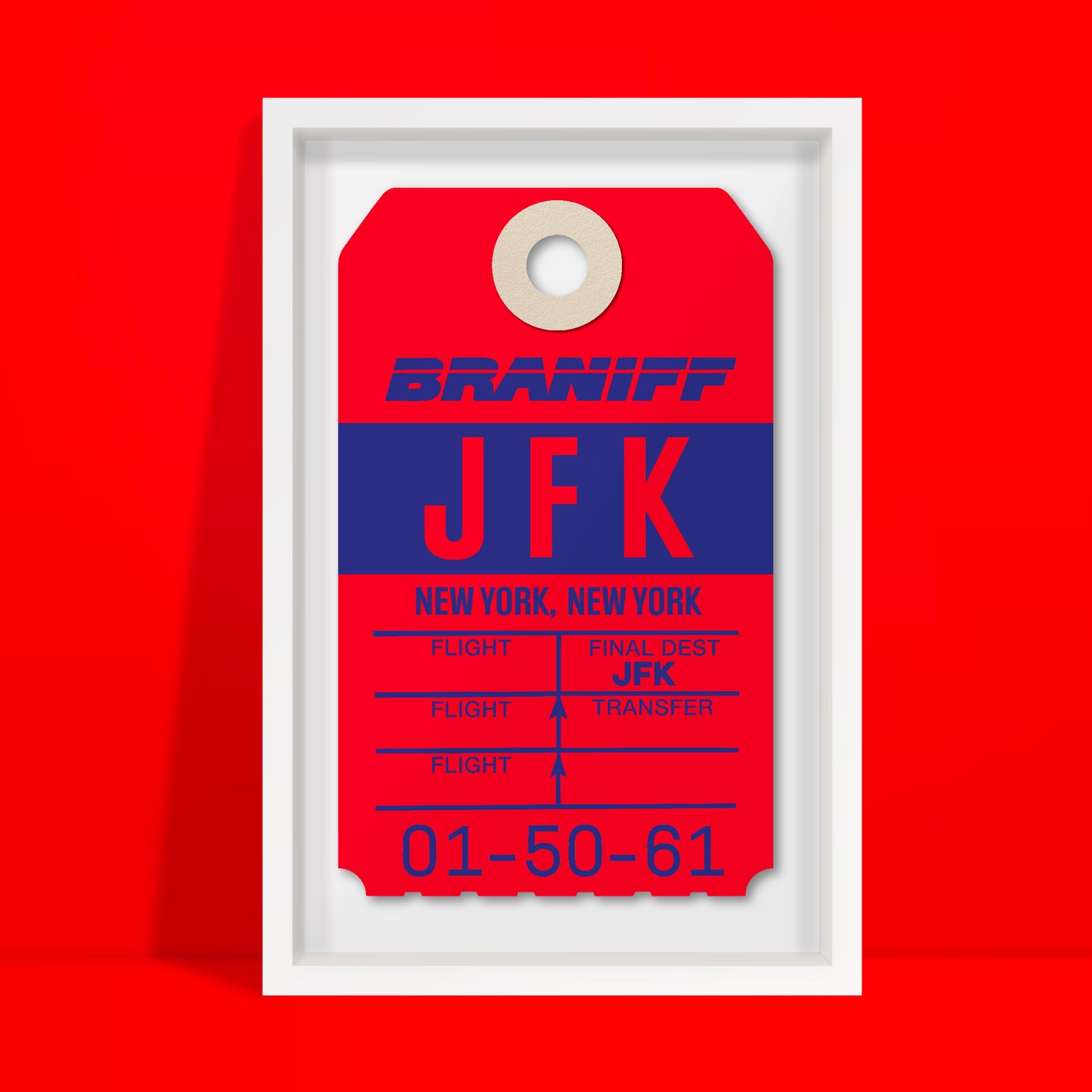 Limited-edition archival print of a Braniff International “JFK New York” luggage tag by Ella Freire, inspired by the original 1970s design, supersized in two framed sizes, float-mounted to enhance its three-dimensional effect; officially licensed by Braniff Airways with signed certificate included.