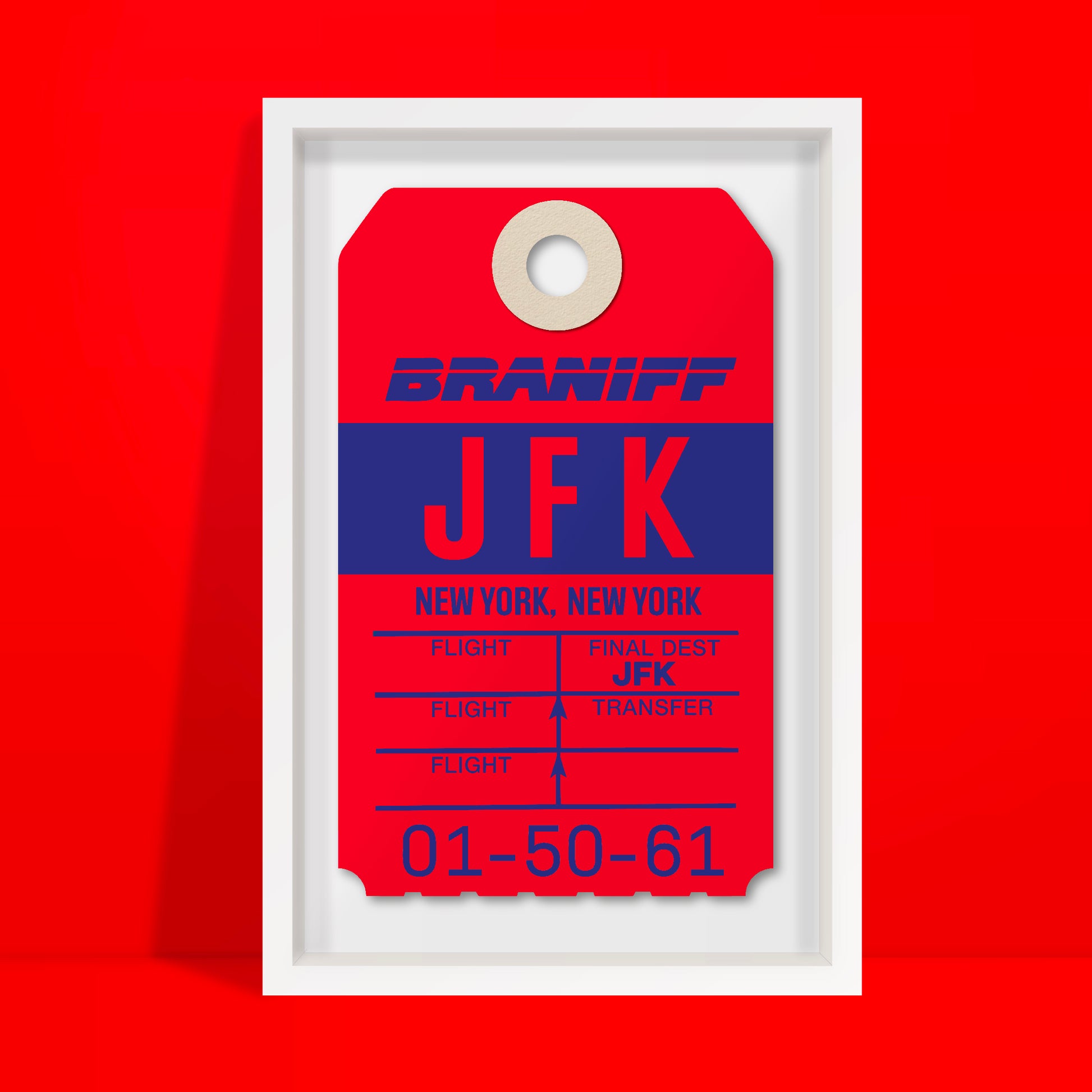 Limited-edition archival print of a Braniff International “JFK New York” luggage tag by Ella Freire, inspired by the original 1970s design, supersized in two framed sizes, float-mounted to enhance its three-dimensional effect; officially licensed by Braniff Airways with signed certificate included.
