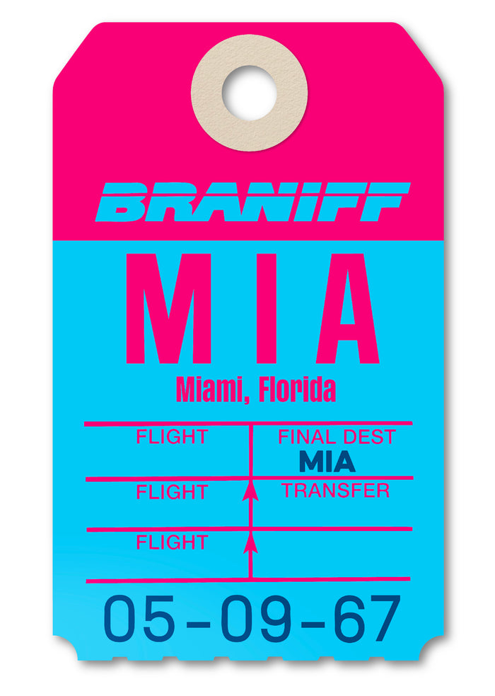 Limited-edition archival print of a Braniff International “Miami” luggage tag by Ella Freire, inspired by the original 1970s design, supersized in two framed sizes, float-mounted to enhance its three-dimensional effect; officially licensed by Braniff Airways with signed certificate included.