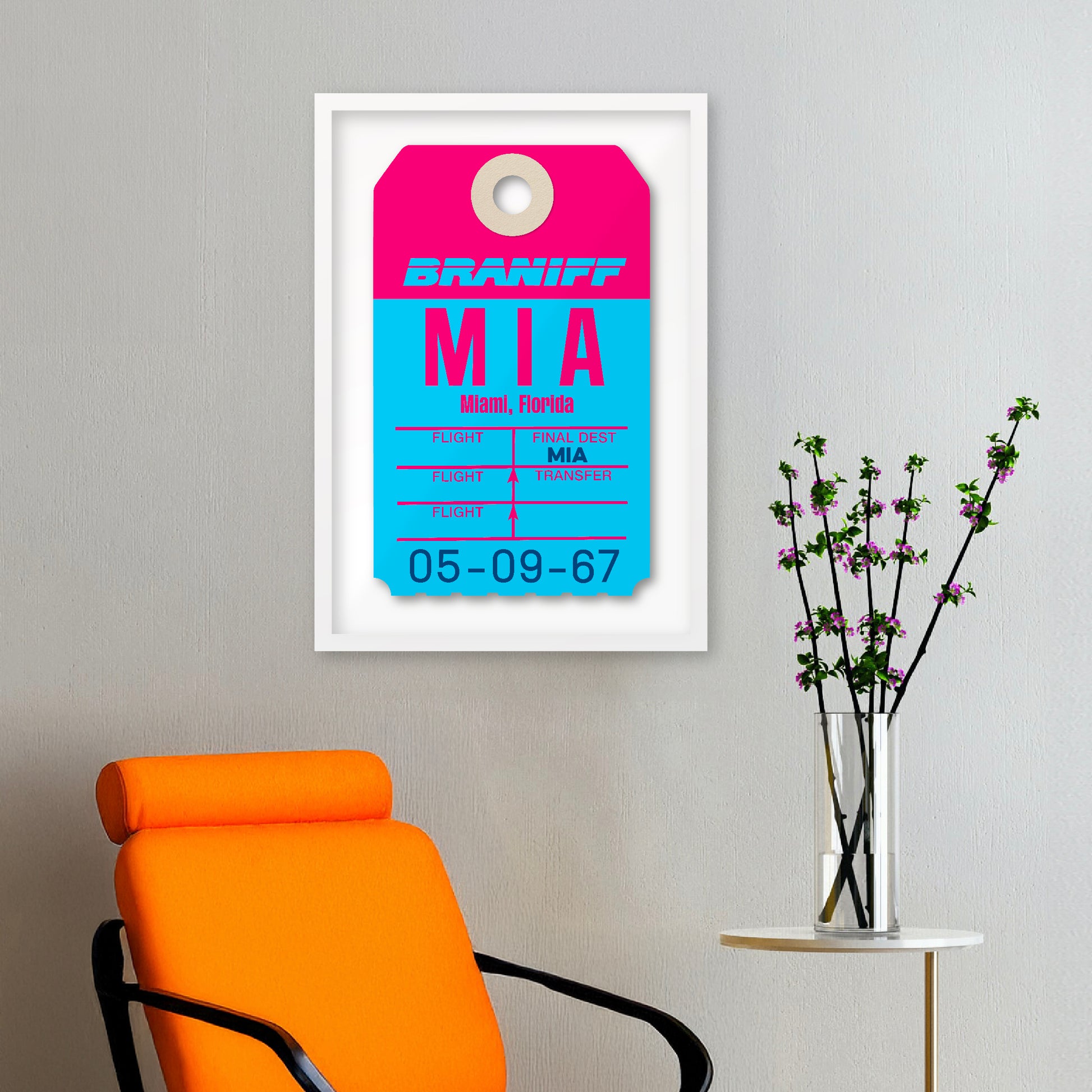 Limited-edition archival print of a Braniff International “Miami” luggage tag by Ella Freire, inspired by the original 1970s design, supersized in two framed sizes, float-mounted to enhance its three-dimensional effect; officially licensed by Braniff Airways with signed certificate included.