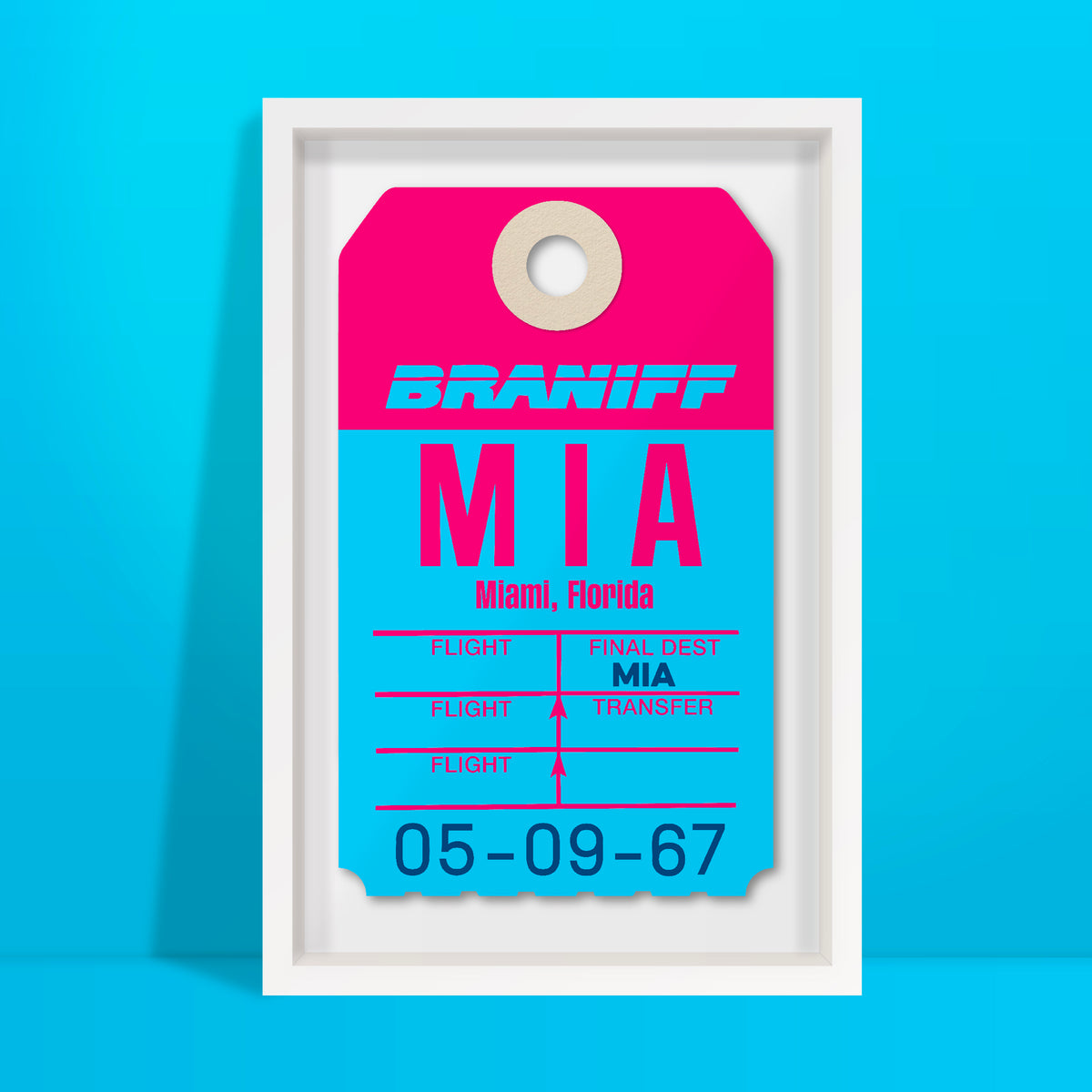 Limited-edition archival print of a Braniff International “Miami” luggage tag by Ella Freire, inspired by the original 1970s design, supersized in two framed sizes, float-mounted to enhance its three-dimensional effect; officially licensed by Braniff Airways with signed certificate included.