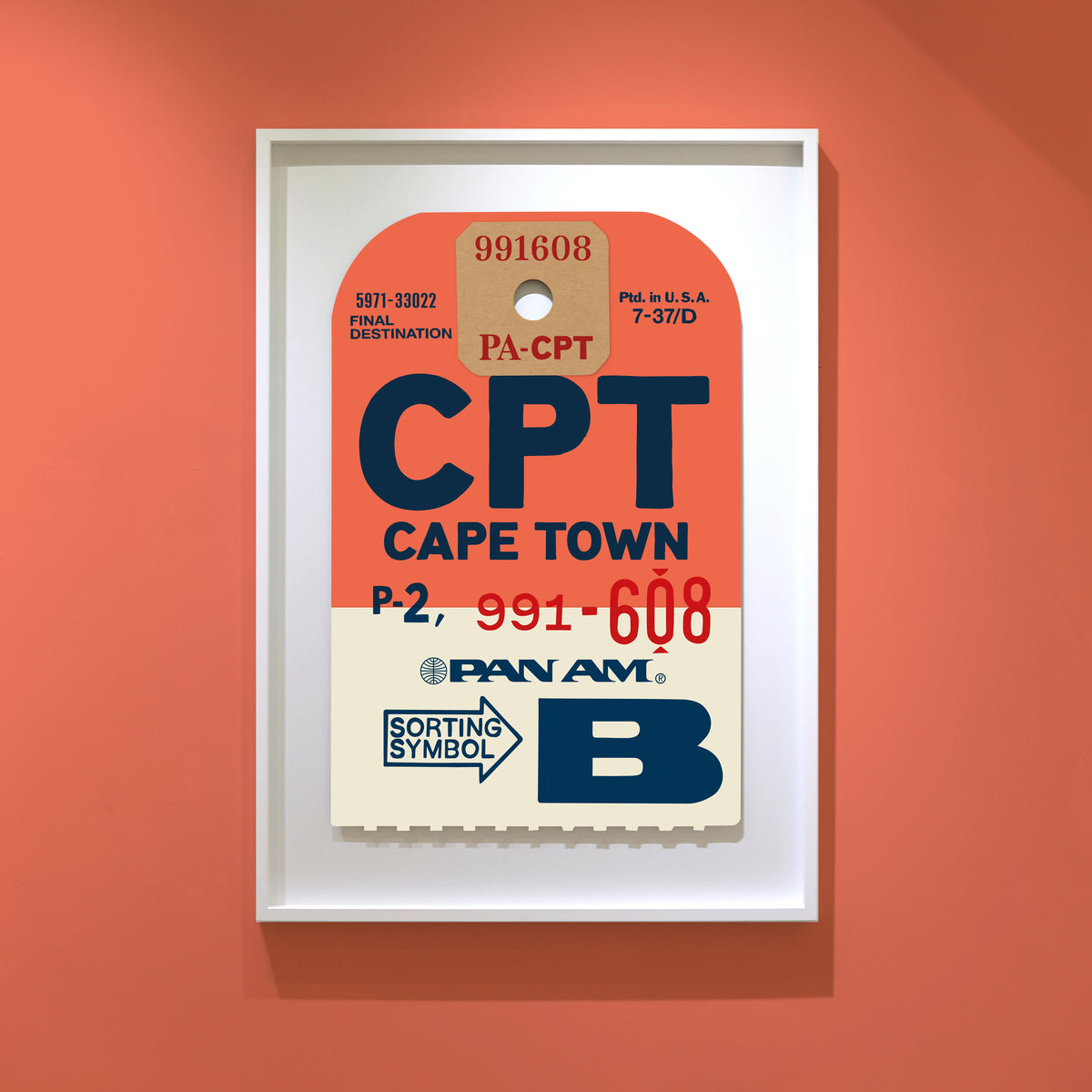 Limited-edition archival print of a Pan Am “Cape Town” luggage tag by Ella Freire, inspired by the original 1960s design, supersized in two framed sizes, float-mounted to enhance its three-dimensional effect; officially licensed by Pan Am with signed certificate included.
