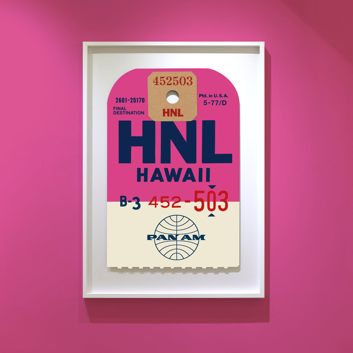 Limited-edition archival print of a Pan Am “Hawaii” luggage tag by Ella Freire, inspired by the original 1960s design, supersized in two framed sizes, float-mounted to enhance its three-dimensional effect; officially licensed by Pan Am with signed certificate included.