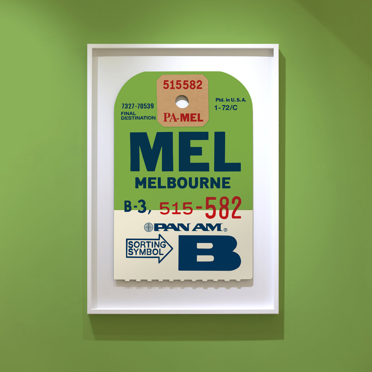 Limited-edition archival print of a Pan Am “Melbourne” luggage tag by Ella Freire, inspired by the original 1960s design, supersized in two framed sizes, float-mounted to enhance its three-dimensional effect; officially licensed by Pan Am with signed certificate included.