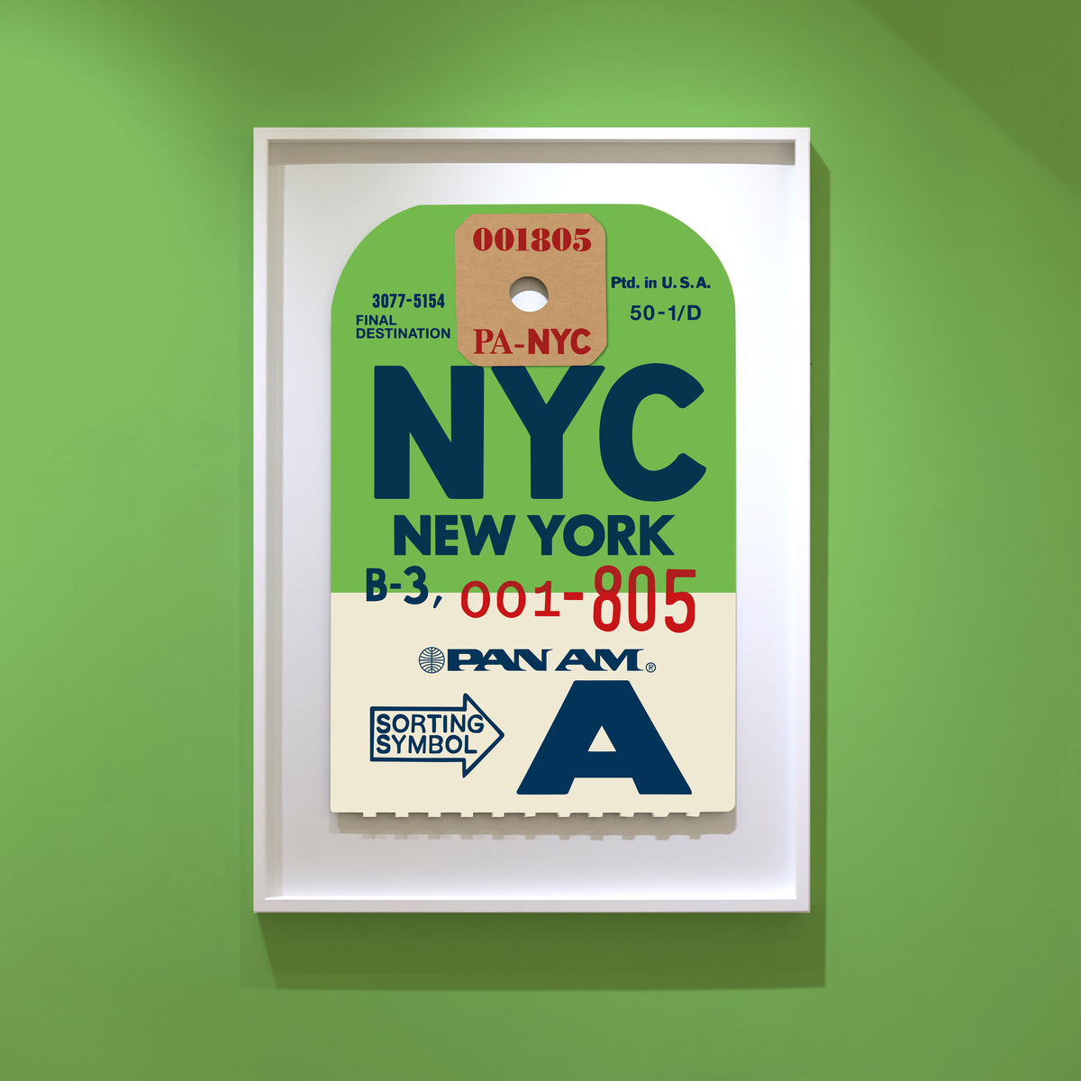 Limited-edition archival print of a Pan Am “NYC New York” luggage tag by Ella Freire, inspired by the original 1960s design, supersized in two framed sizes, float-mounted to enhance its three-dimensional effect; officially licensed by Pan Am with signed certificate included.
